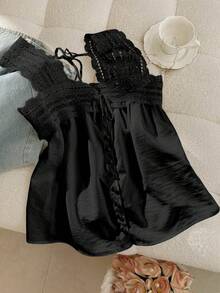 Resyla 女式夏季休闲纯色蕾丝拼布无袖衬衫