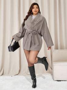 Auralis Plus Size Solid Color Faux Fur Patchwork Long Sleeve Overcoat, Autumn/Winter