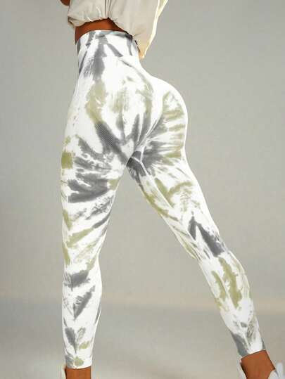 SHEIN Core Rhythm Tie Dye Wideband Waist Sports Leggings Yoga Women Pants