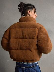 AXEPEAK 男士休闲纯色拉链宽松冬季长袖外套 - 駝色 - 查看 2