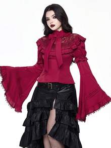 ROMWE Goth Elegant Palace Style Lace Trim Extra-Wide Bell Sleeve Lolita Christmas Fitted Bow Blouse - Red - View 7