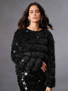 Anewsta Hanorac elegant pentru femei, cu guler rotund, negru, cu dungi, potrivit pentru Crăciun, petrecere de Revelion, iarnă - Negru - Vizualizare 3