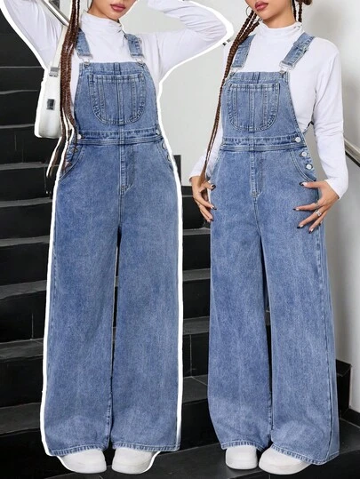 SHEIN Teen Girls Fashion Casual Y2k Vintage Cool Street Returns To School College Pocket Design Blue Denim Overalls For Teen Girl Clothes Teen Girls Soft Dailywear And Teen Girl Winter And Fall Rave Outfits Festival And Outfits Streetwear School Clothes Teen Overalls Wide Leg Denim Overalls