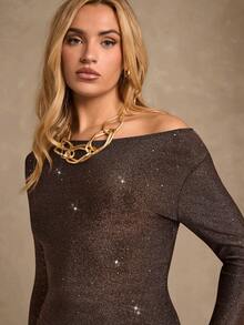 SHEIN Glamour Váy ngắn tay dài lấp lánh ánh kim vai chéo thanh lịch dành cho nữ, mùa thu - màu nâu - Xem 3