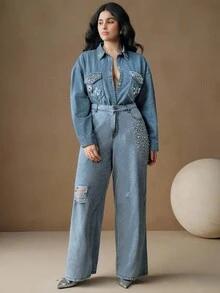 Anewsta Áo khoác denim xanh thường ngày đính kim cương thủ công Y2K Fashion dành cho nữ - Màu xanh lam - Xem 5