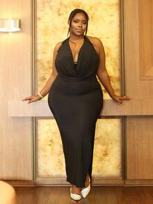 Hourglow Ceceforeign_ Plus Size Women's Minimalist Basic Dress, Elegant Ruched Front Halter Slit Backless Long Dress For Dating, Vacation, School, Formal Occasions, Black, Autumn,Birthday Dresses For Women, For Hourglass Body Shape, For Body Shape, For Summer - Black - View 4