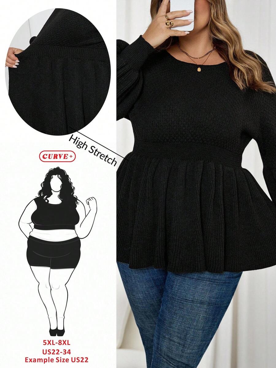 SHEIN CURVE+ Plus-Size Simple Black Long-Sleeved Fitted Waist A-Line Round Neck Sweater For Women In Fall/Winter - Black - View 1
