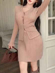 Feyla 2pcs/Set Women Casual Knitted Cardigan And Midi Skirt,Dusty Pink,Autumn,Elegant,Everyday Urban Leisure Ribbed Knit Two Pieces Set Winter Clothes - Khaki - View 3