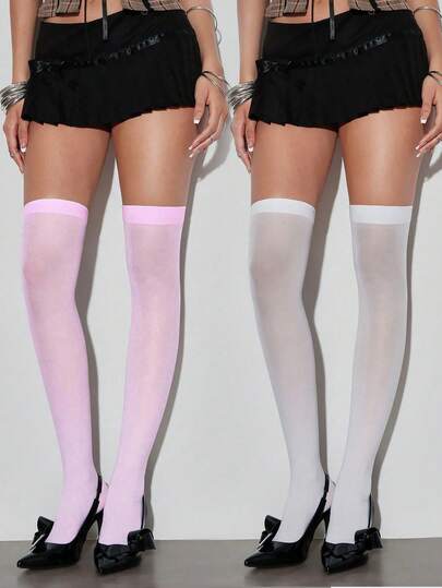 Anime 2 Pairs Minimalist Over-The-Knee Socks, Sexy Black & White Solid Color School Style Thigh High Socks, Ultra-Thin Elastic Sheer Tights