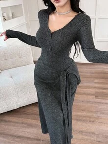 Feyla 女式休闲罗纹腰带连衣裙 - 深灰色 - 查看 2