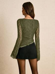 Poéselle Women's Round Neck Long Sleeve Lace Fitted Fashion T-Shirt - Army Green - View 2
