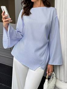 SHEIN LUNE Women's Fresh Striped Oversized Cuff Shirt - Blue and White - View 4