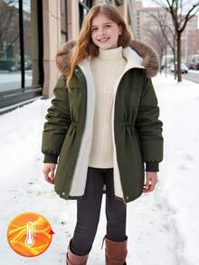 SHEIN 女童羽绒大衣,中长款,收腰,厚实,带帽,仿毛领,秋冬 - 軍綠色 - 查看 6