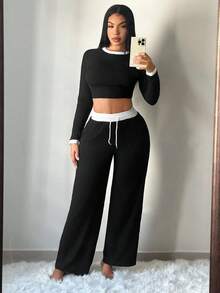 SHEIN PETITE CURVE 2件套加大码女式撞色修身长袖上衣和裤子套装 - 黑色 - 查看 6