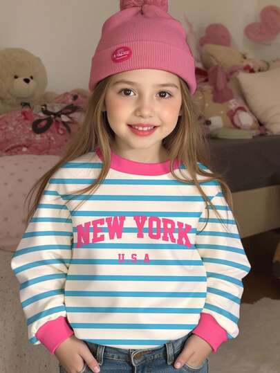 Emery Rose Kids Emery Rose Kids Happikins Toddler Girls/Little Girls Casual Minimalist Blue Striped With "NEW YORK" Text, Contrast Pink, Back To School, Collegiate Style, Loose Fit Crew Neck Comfortable Knit Long Sleeve Sweatshirt, Suitable For Autumn/Winter Fall