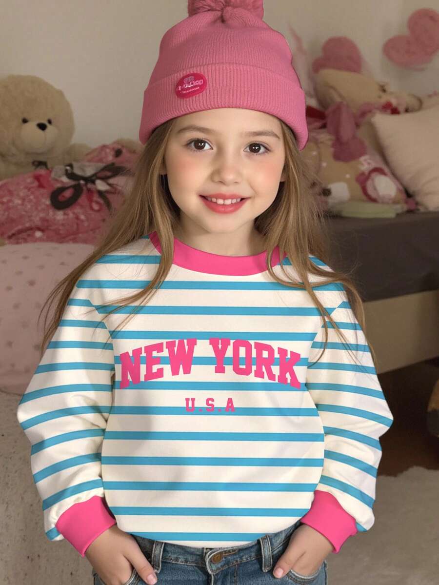 Emery Rose Kids Emery Rose Kids Happikins Toddler Girls/Little Girls Casual Minimalist Blue Striped With "NEW YORK" Text, Contrast Pink, Back To School, Collegiate Style, Loose Fit Crew Neck Comfortable Knit Long Sleeve Sweatshirt, Suitable For Autumn/Winter Fall - Multicolor - View 1