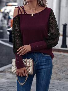 EMERY ROSE Women's Asymmetric Collar Contrast Lace Long Sleeve Fashionable Blouse - Red Violet - View 5
