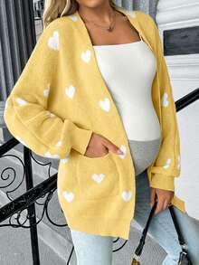 SHEIN Pregnant Women's Heart Pattern Batwing Sleeve Pocket Casual Knit Cardigan, Autumn/Winter