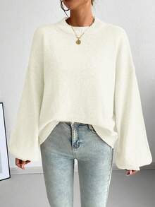 SoleilVie Sweater Rajut Lengan Panjang Kerah Bulat Model Longgar Gaya Prancis Kasual, Serbaguna untuk Musim Gugur/Musim Dingin - Krem - View 5