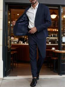 Manfinity Bizformal بدلة رجالية كاجوال طويلة الأكمام وبنطلون، مجموعة من قطعتين - أزرق غامق - مشاهدة 7
