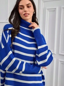SHEIN Tall 女款條紋高領蝙蝠袖毛衣與純色長褲兩件套，適合高個女性 - 彩色 - 查看 5
