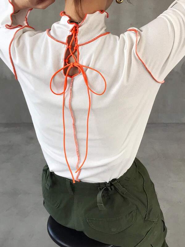 FRIFUL 女式黑色纯色高领长袖撞色滚边后颈抽绳镂空设计修身休闲百搭 T 恤，秋冬