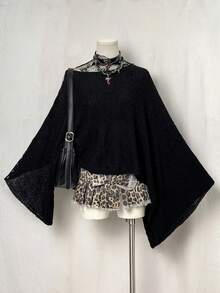 EgrlEra Y2K Lace-Up Knitted Cape, Translucent Women's Knitted Top - Black - View 1