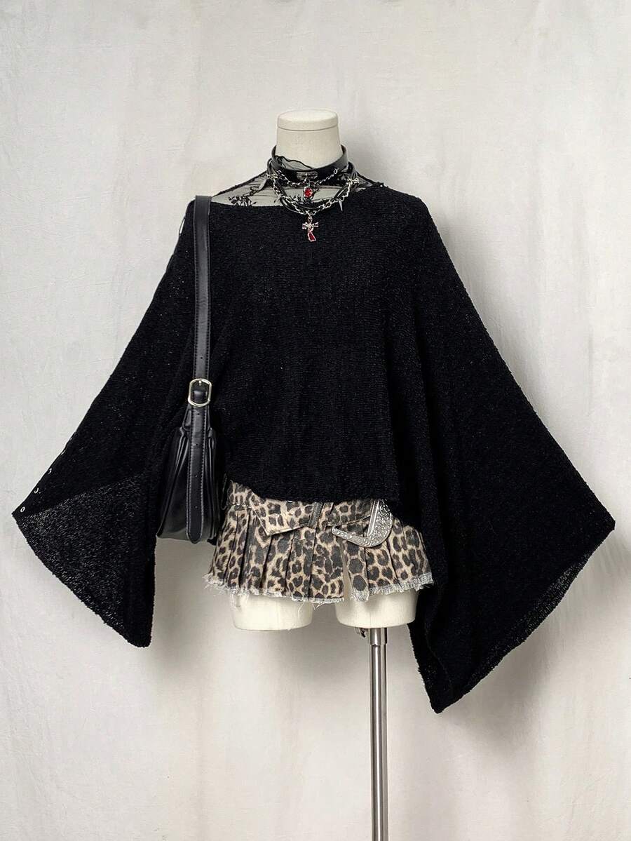 EgrlEra Y2K Lace-Up Knitted Cape, Translucent Women's Knitted Top - Black - View 1