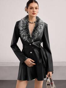 Heiryn Women's Casual Long Sleeve Waist Tie Blazer, Autumn/Winter Fur Jacket,Faux Fur - Black - View 5