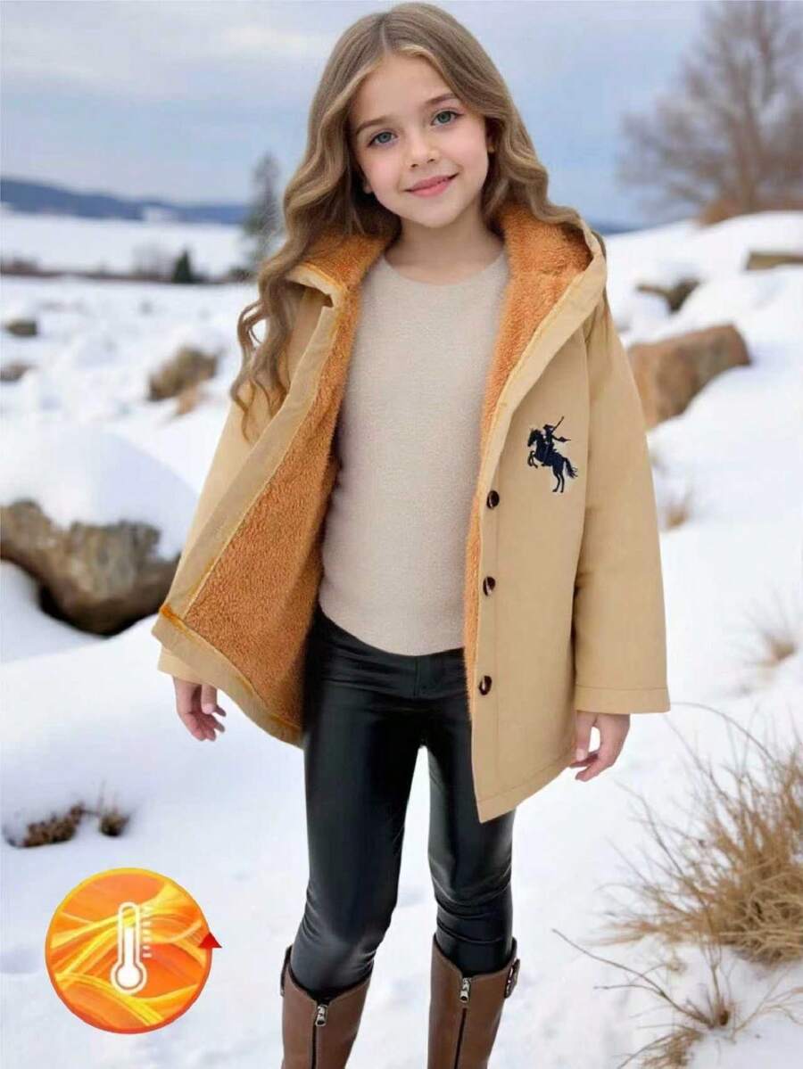 年轻女孩卡其色学院风保暖内衬连帽刺绣夹克，时尚休闲外套，适合学校、返校季 - 卡其色 - 查看 1