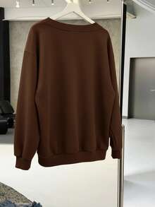 SHEIN EZwear 女式超大V领宽松休闲运动衫，适合秋冬季 - 棕色 - 查看 3