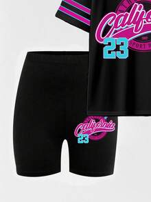 SHEIN Sparklyn Bộ áo thun tay ngắn in chữ số 23 màu hồng xanh đen tương phản thời trang thường ngày cho bé gái và quần short xe đạp - Nhiều màu - Xem 5