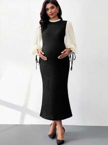 MaterniWear Roupas de Trabalho para Gestantes, Roupas de Trabalho para Gestantes, Vestidos para o Trabalho, Roupas de Outono, Roupas de Outono/Inverno para Gestantes, Vestido Elegante Ajustado com Babados em Blocos de Cores, Gola Alta, Manga Lanterna e Barra Cauda de Sereia para Gestantes, Vestido Maxi de Tricô, Vestidos de Tricô para Mulheres, Vestido Longo Casual, Vestido Suéter Modesto, Vestido de Gestante, Vestido para Gestantes, Roupas de Gravidez, Looks para Gestantes, Vestido de Amamentação - Preto - Ver 2