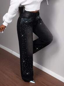 Slaydiva Women's Rhinestone Pocket Wide Leg Loose Casual Jeans