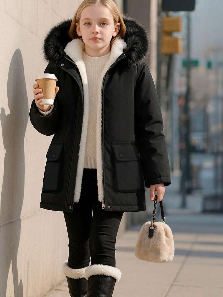 Tween Girl Long Hooded Padded Coat With Fur Collar And Large Pockets, Suitable For Casual Daily Wear, Commuting And School Fall Winter - Black - View 1