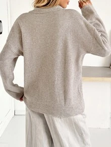 Siren Gaze 四分之一拉链落肩毛衣，女士春秋季休闲长袖超大卡其色落肩套头衫女式毛衣