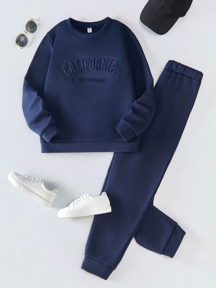 Sparklyn 2pcs/Set Teen Girl Letter Embossed Crew Neck Long Sleeve Sweatshirt And Sweatpants, Casual - Navy Blue - View 1