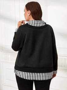 EMERY ROSE Plus Size Women Plaid Patchwork Long Sleeve Casual Sweatshirt, Autumn New Year Look  Plaid Sweatshirt Maija Fall Winter 2025 Fall/Winter Party Elegant Dress Women Black Top - Black - View 2