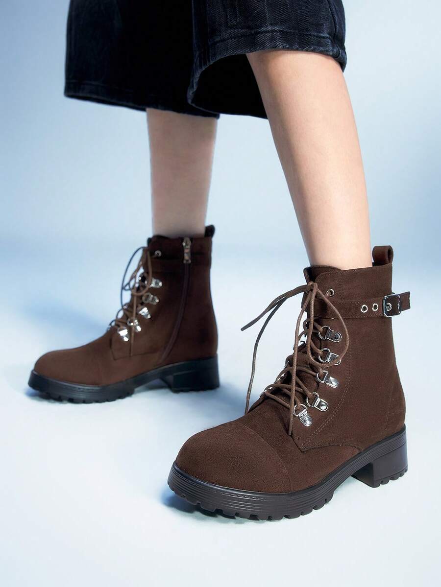 Sugerpunk Women's Retro Round Toe Lace-Up Chunky Heel Short Boots, Fashion Model Elegant Versatile Winter Mid-Calf Boots