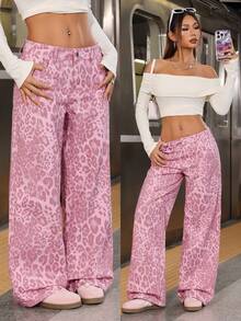 SHEIN PETITE Women's Leopard Print Pocketed Wide Leg Loose Casual Fashion Jeans