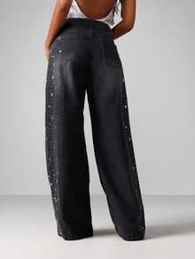 MISSGUIDED 女式高腰阔腿牛仔裤，饰有闪亮水钻 - 深灰色 - 查看 2