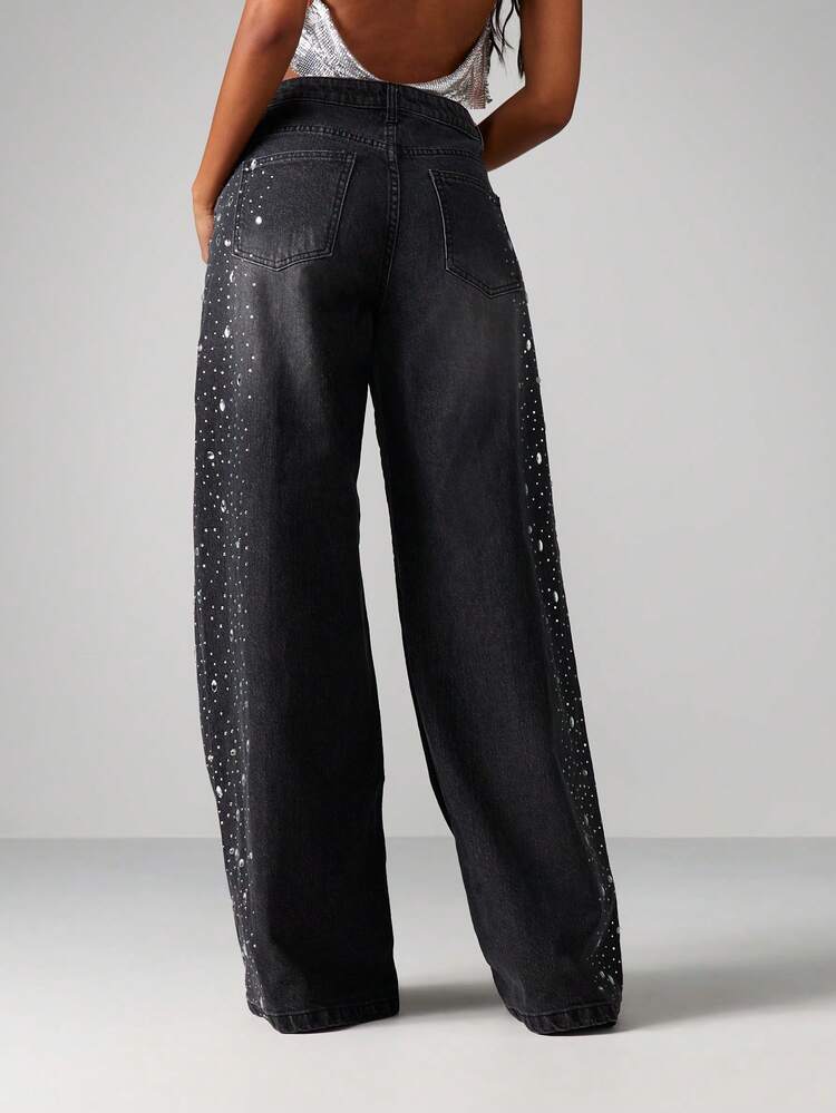 MISSGUIDED Women's High Rise Wide Leg Jeans With Sparkle Rhinestone Embellishment Details