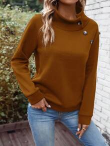 EMERY ROSE 女式纯色立领纽扣设计插肩袖休闲羊毛运动衫，秋冬 - 駝色 - 查看 4