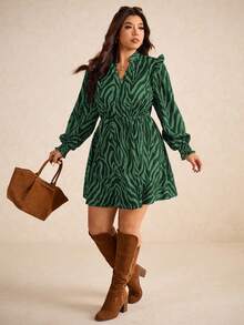 Elaquor Plus Size Colorblock Print Long Sleeve Dress/Fall/Winter Plus Size Shirt Dress - Dark Green - View 1