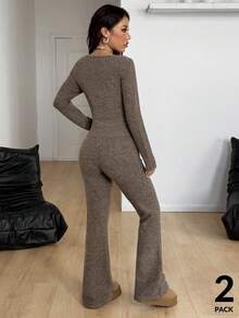 Coolane 女士秋冬街头休闲 Laine 弹力舒适棕色 V 领 T 恤和小喇叭裤毛衣，2 件 - 棕色 - 查看 6