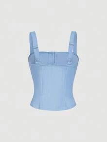 SHEIN MOD 仿珍珠鈕扣裝飾背心、直筒長褲，貴族風套裝，女款兩件式套裝，粗花呢兩件式套裝，藍色兩件式套裝，秋冬節慶兩件式套裝 - 藍色 - 查看 6