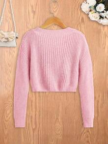 SHEIN Tween 女童休闲纯色短款毛衣，秋季 - 粉色 - 查看 2