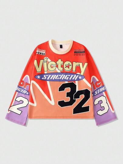 Street Life Men Letter Print Crew Neck Casual Loose Long Sleeve T-Shirt, Fall