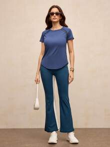 Activina Camiseta deportiva casual de unicolor, estilo minimalista adecuada para gimnasio de verano para mujeres - Azul Marino - Ver 5