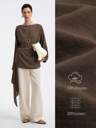 Aalyst Women's Linen Twill Street Style Vacation Office Commute Casual Off Shoulder Loose A-Line Waist Tie Long Blouse Top, Spring/Autumn/Winter